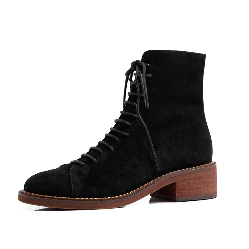 

2021 New Women the High Quality Suede Leather Ankle Round Toe Square Heels Punk Motorcycle Boots Autumn Winter Ladies Shoes Pwep, Black
