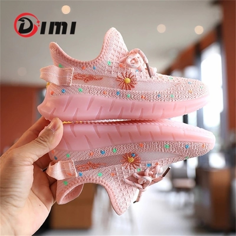 

DIMI Autumn Children Shoes Girls Casual Shoes Fashion Breathable Knitting Embroidery Small Flowers Glow Kids Sneakers 201113, Pink