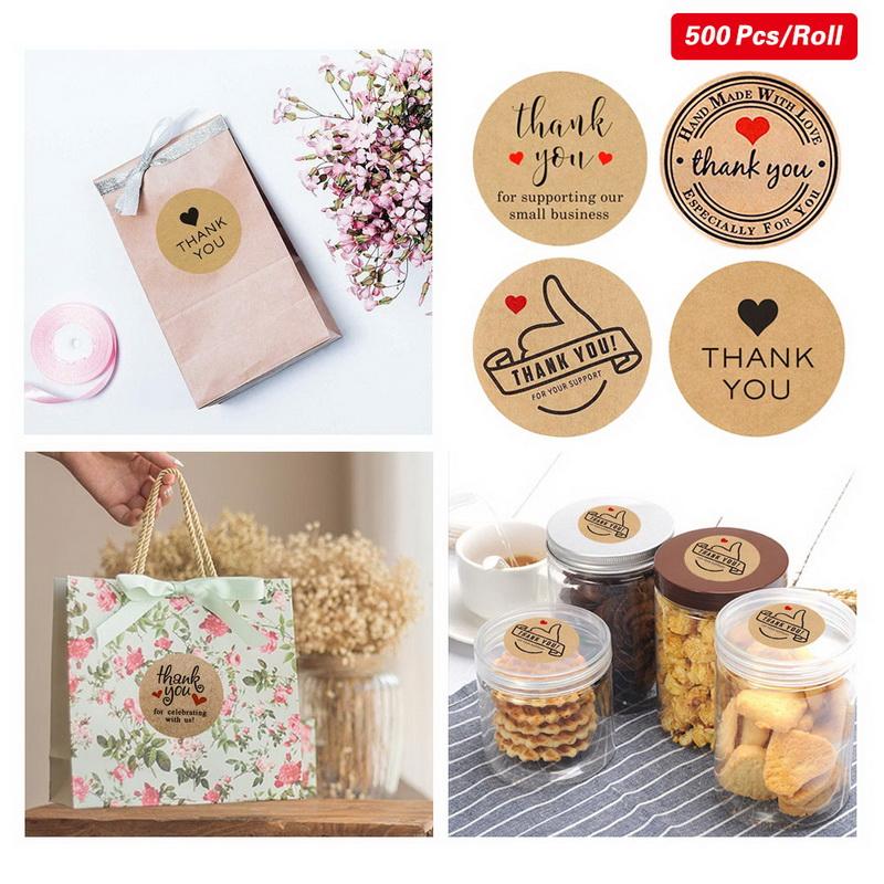 

500pcs Natural Kraft Handmade with Love Stickers Floral Thank You Stickers For Wedding/Party/Jewellry Box Decoration