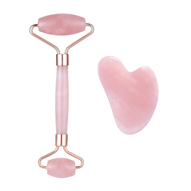 

2020 massage roller jade Face natural jade double-headed roller scraping plate powder crystal facial massager Gua Sha set