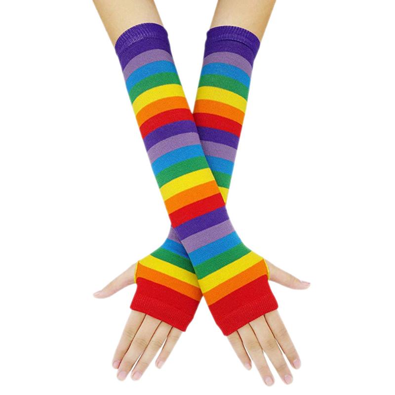 

Sagace Gloves Stylish Women Girl Harajuku Elbow Length Fingerless Arm Sleeve Warmer Rainbow Colored Striped Halloween Gloves