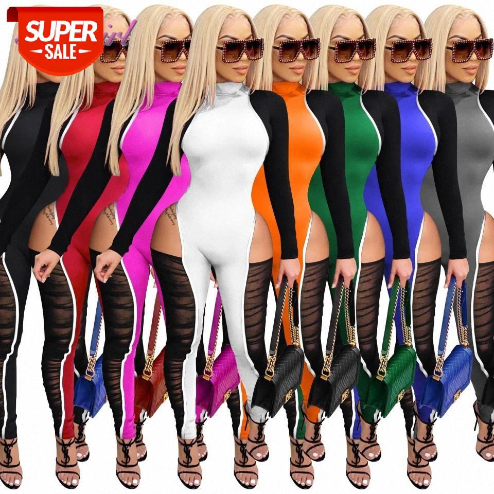 

Fitness Rompers Sexy Color Patchwork Sheer Mesh Night Party Club Skinny Jumpsuit Women Long Sleeve Turtleneck Outfit Playsuit #rC18, Black;white
