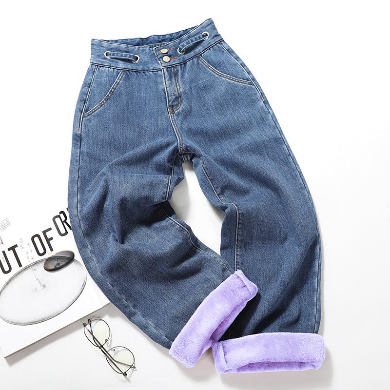 

2020 High Waist Fleece Wide Leg Pants Winter Loose Jeans Blue thickening Denim trousers Casual Sexy Warm jean Pants P9575
