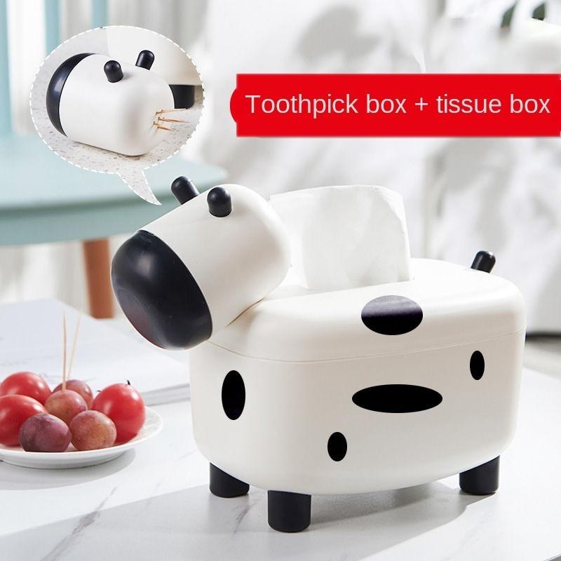 

2 In 1 Tissue Box Holder Cow Shape Dispenser Toothpick Holder Wipe Case Container Box Desktop Decoration Boxes Home Decor