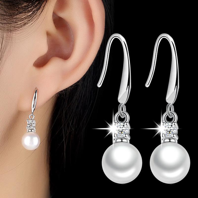 

Luxury Dangle Earrings for Women Korean Style White Gold Color Shiny CZ Zircon Pearl Earrings Female Party Silver Plated Jewelry