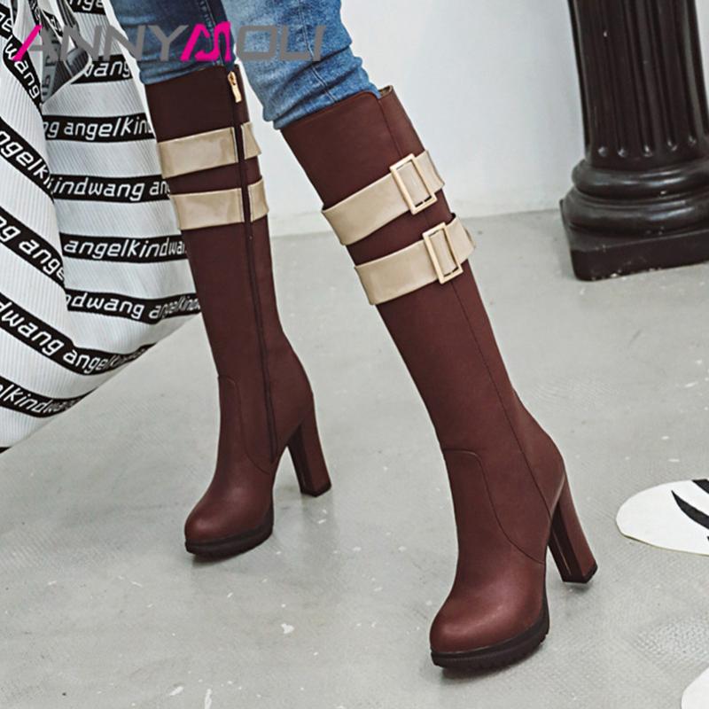 

ANNYMOLI Winter Knee High Boots Women Mixed Colors Zip Block Heels Tall Boots Buckle Extreme High Heel Shoes Ladies Autumn 33-43, Black