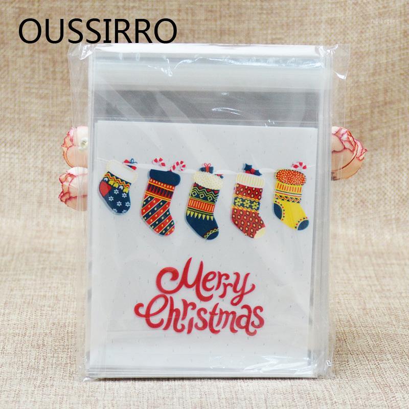 

2018 50pcs Colorful Christmas Socks Plastic Cookies Packaging Bags Xmas Self Adhesive Gift Bag Candy Biscuit Pouch Party Decor1