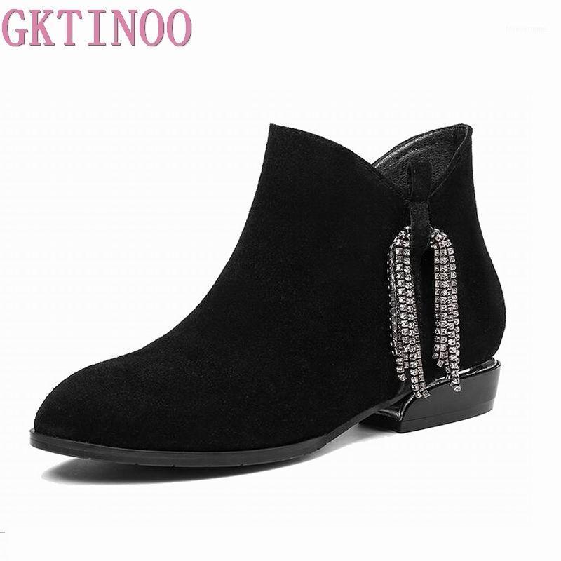 

GKTINOO 2020 Boots Women Genuine Leather Ankle Boots Pointed Toe Natural Suede Low Heels Fashion Spring Ladies Shoe1, Brown without plush