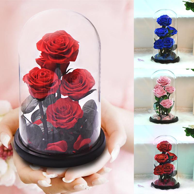 

New Arrival Eternal Preserved Rose with Glass Dome 5 Flower Heads Rose Forever Love Wedding Favor Party Gifts for Women, 5 heads blue rose