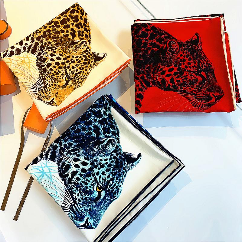 

Hot animal Leopard Twill Hijab Silk Scarf Handmade Curled Design Square Women Bandana Foulard Head Scarves Shawl