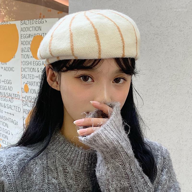 

HT3327 Berets Autumn Winter Hat Women French Striped Beret Hat Ladies Vintage Knitted Wool Hats for Winter Artist Painter Hats1, Black