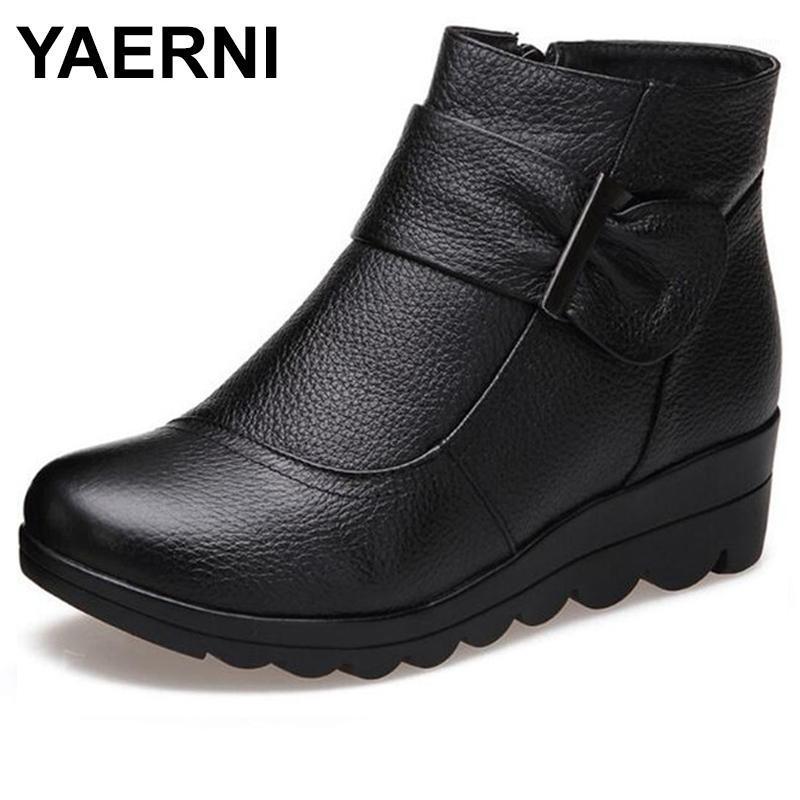 

Boots YAERNI Brand Women Shoes Winter Ankle 2021 Warm Comfortable Wedges Mom Snow Cow Leather Woman E6211, Black