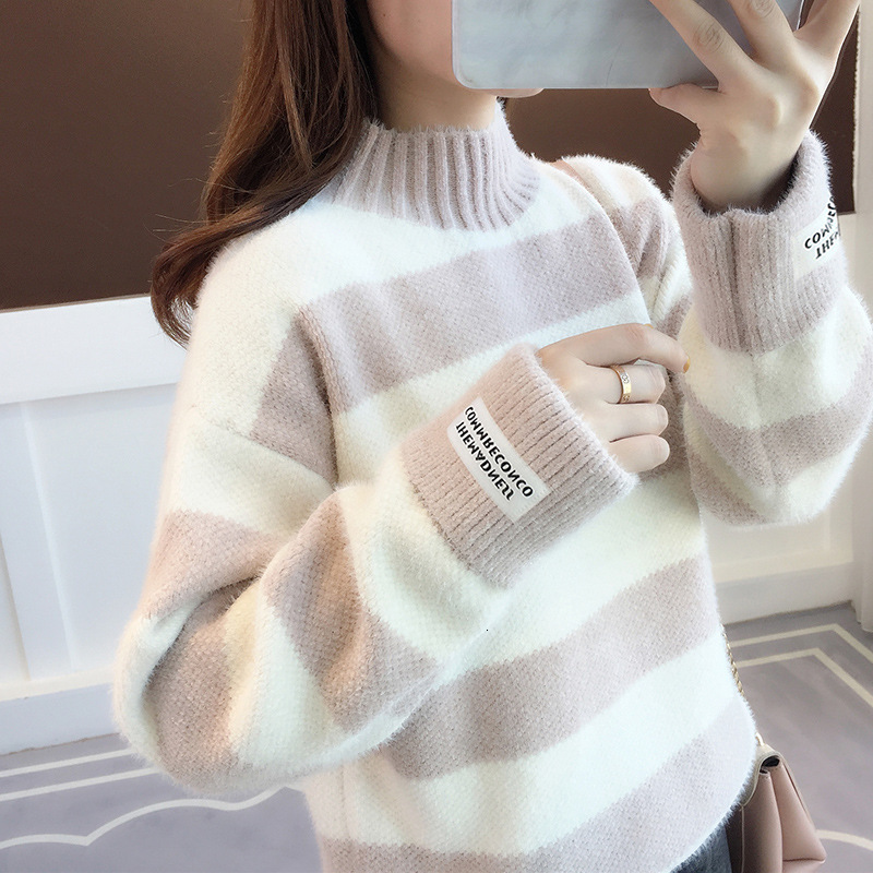 

2021 New High Collar Striped Woman's Sweater Letter Drop Mink Pullover Ladies Thick Mesh Tops Women's Clothes Lh1007 BPHY, Pink