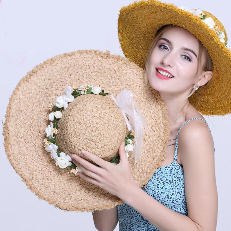 

Fashion Summer Women Raffia Straw Sun Hat With Wide Brim Dome Flower Bucket Cap Elegant Lady Folding Sunbonnet Beach Hats, Green