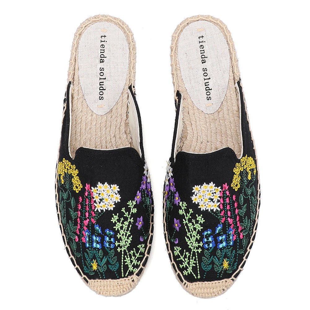 

2020 Sale Top Cotton Fabric Rubber Floral Summer Indoor Terlik Mules Pantufa Womens Espadrilles Flat Shoes Slippers For X1020, Black