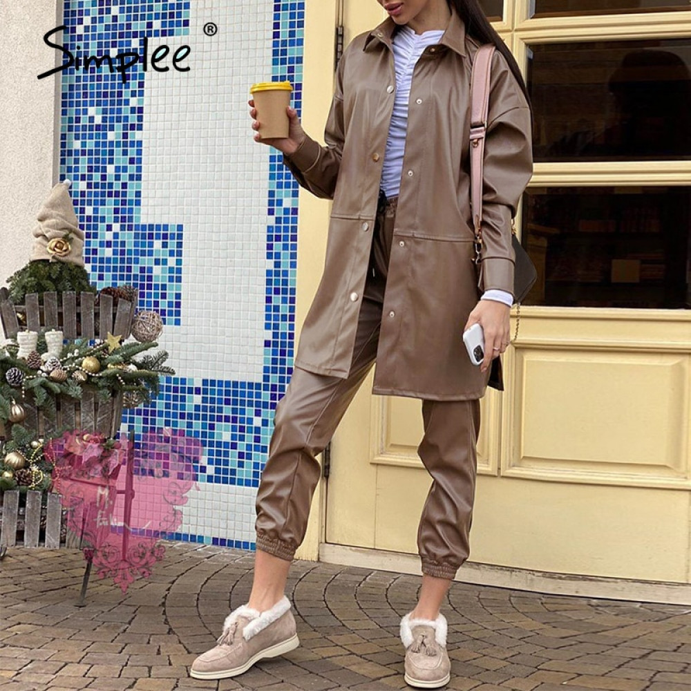 

Simplee Fashion autumn women PU two-piece female brown basic jacket Casual Button faux leather coat, Tan;black