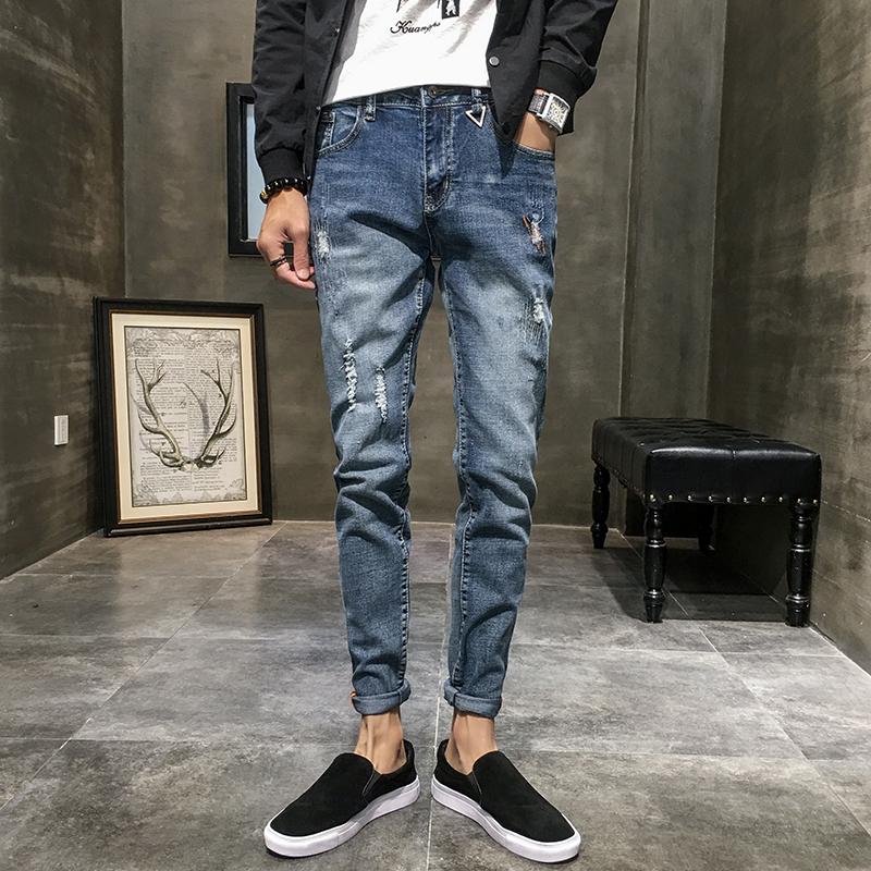 

2021 New Broken Hole Pencil Jeans for Men Classic Stretch Denim Pantalon Homme Classic Men Slim Pants Fashion Korean Trousers, Black gray