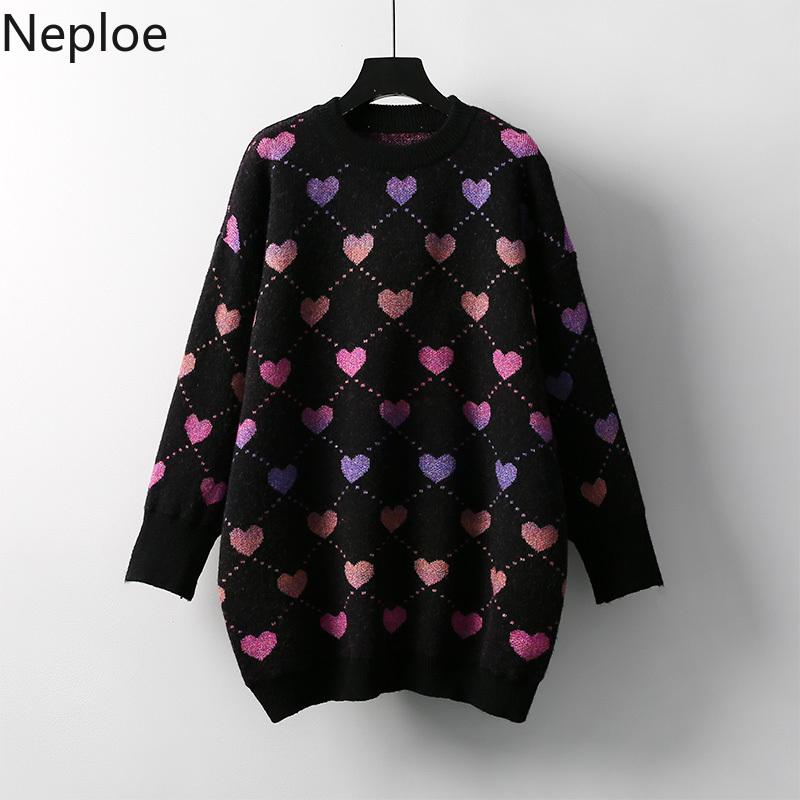 

Neploe Long Sweater for Women Fall 2020 Korean Pullovers Oversized Outwear O-neck Sweet Heart Knitted Weater Pull Femme Coat, Black