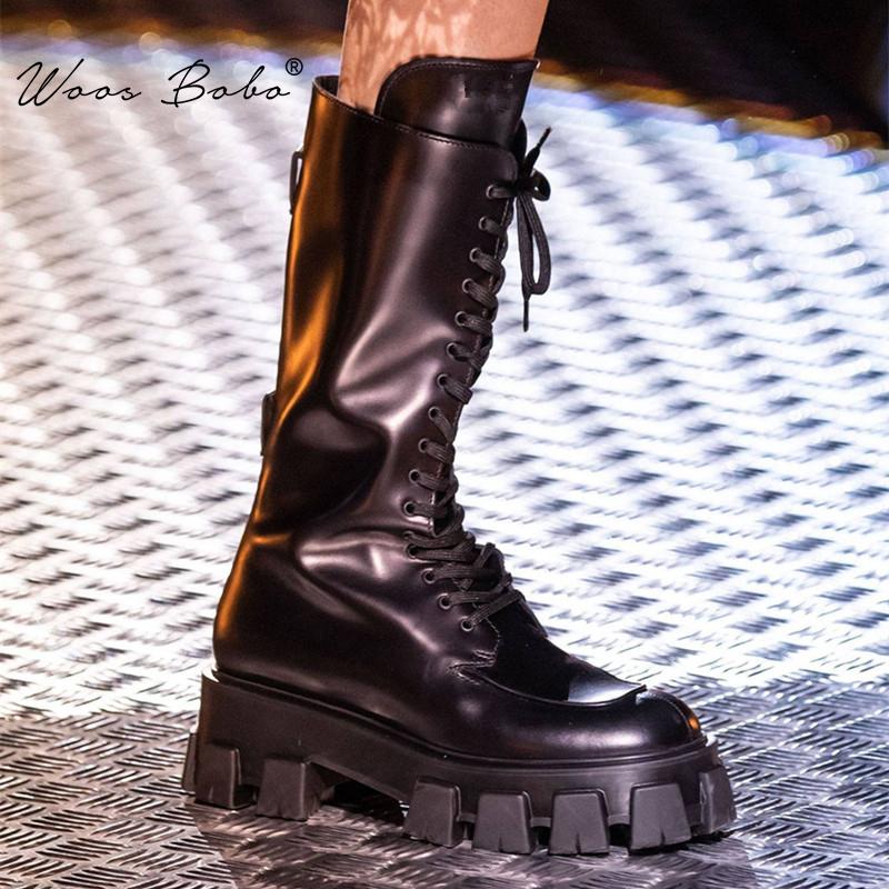 

Black platform Knee boots women Patent leather lace-up long boots women Autumn/Winter Fashion British style, Black leather lining