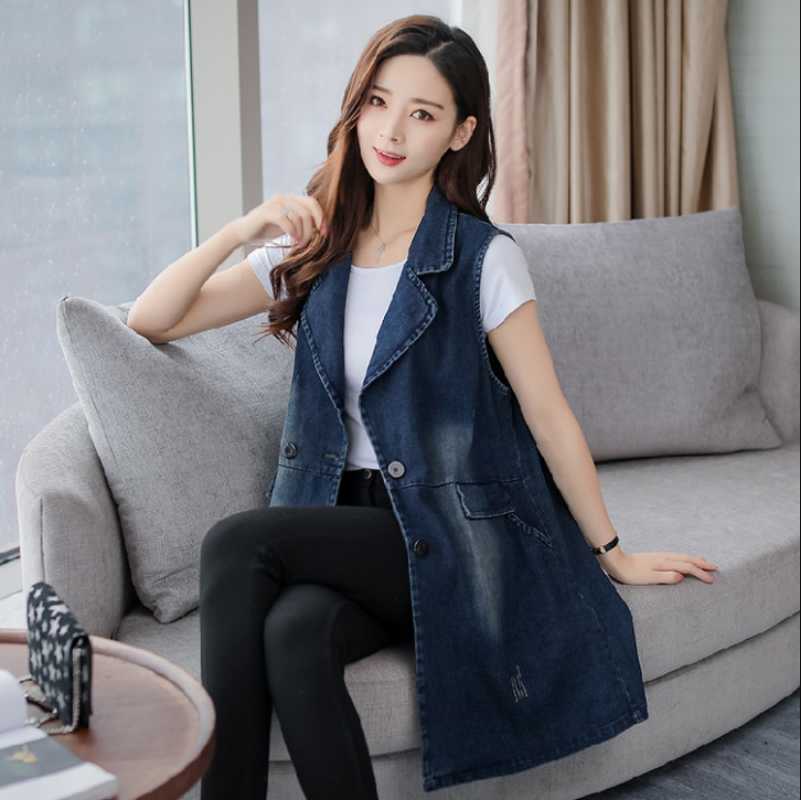 

Plus Size 3XL Double Breasted Sleeveless Jacket Summer loose Waistcoat Women Long Denim Vest Outwear Jacket J440, Blue