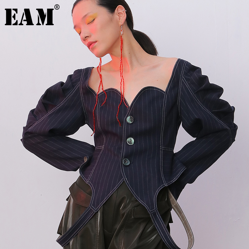 EAM Loose Fit Belt Pleated Personality Strapless Jacket Lapel Long Sleeve Women Coat Fashion Spring Autumn 1B745 201112Z
