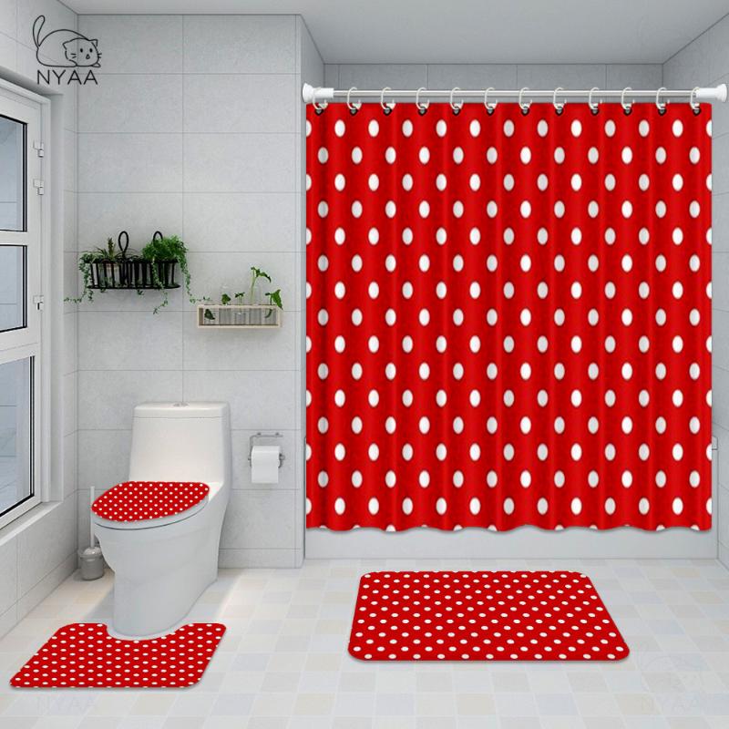

NYAA Vintage Polka Dots Bathroom Set Nostalgic Trendy Girls Waterproof Vintage Shower Curtain Toilet Cover Mat Non Slip Rug