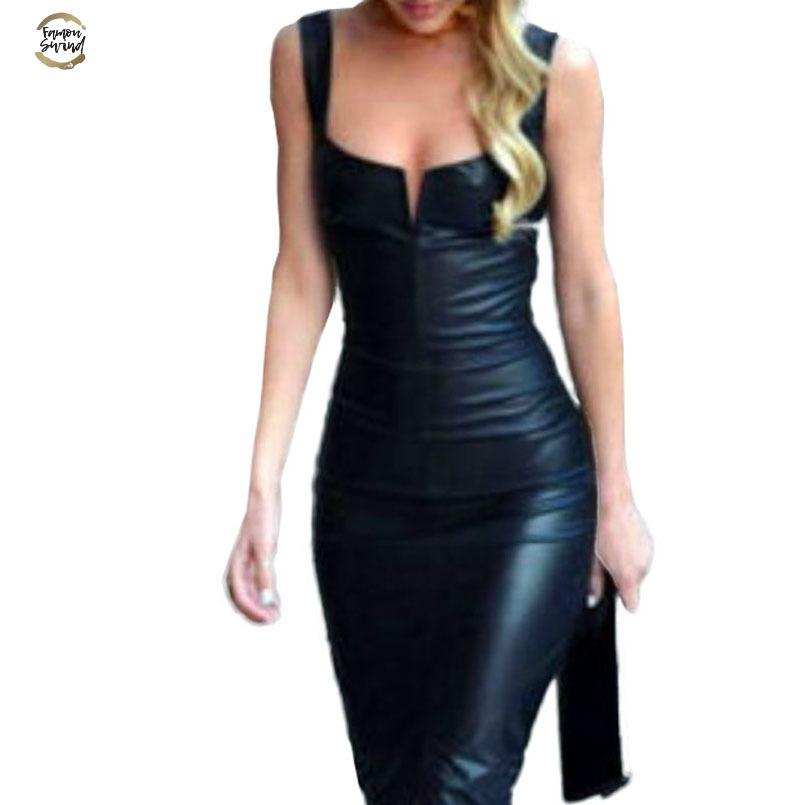 New Women Sexy Pu Leather Dress Elegant Formal Party Office Lady Midi Dress Skinny Zipper Black Dress 2xl Plus Size-image-596295546