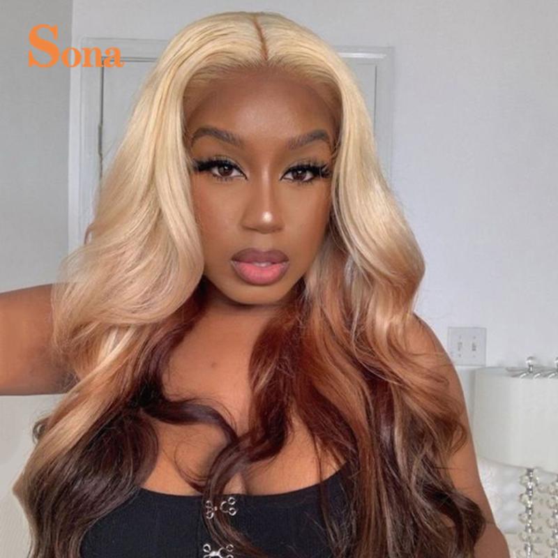 

Ombre Blonde Human Hair Wig 13X4 Lace Front Wig Brazilian Remy Hair Transparent Colorful Lace Frontal Wigs Body Wave, 1b