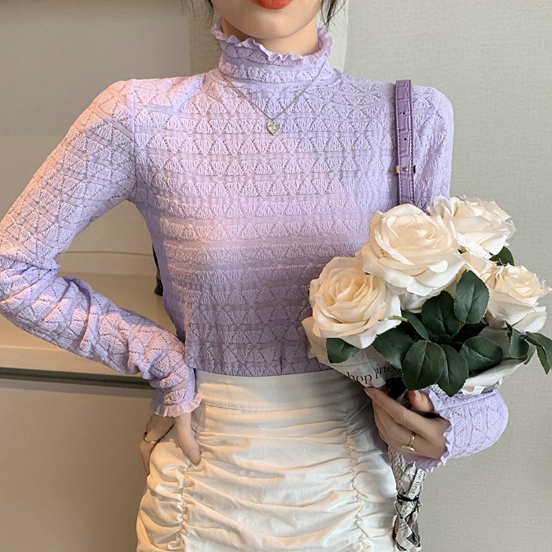 

Sexy shirt Long sleeve Net Mesh Tops Casual Half Turtleneck Crochet Hollow Out White blouse Autumn Winter Women, Black