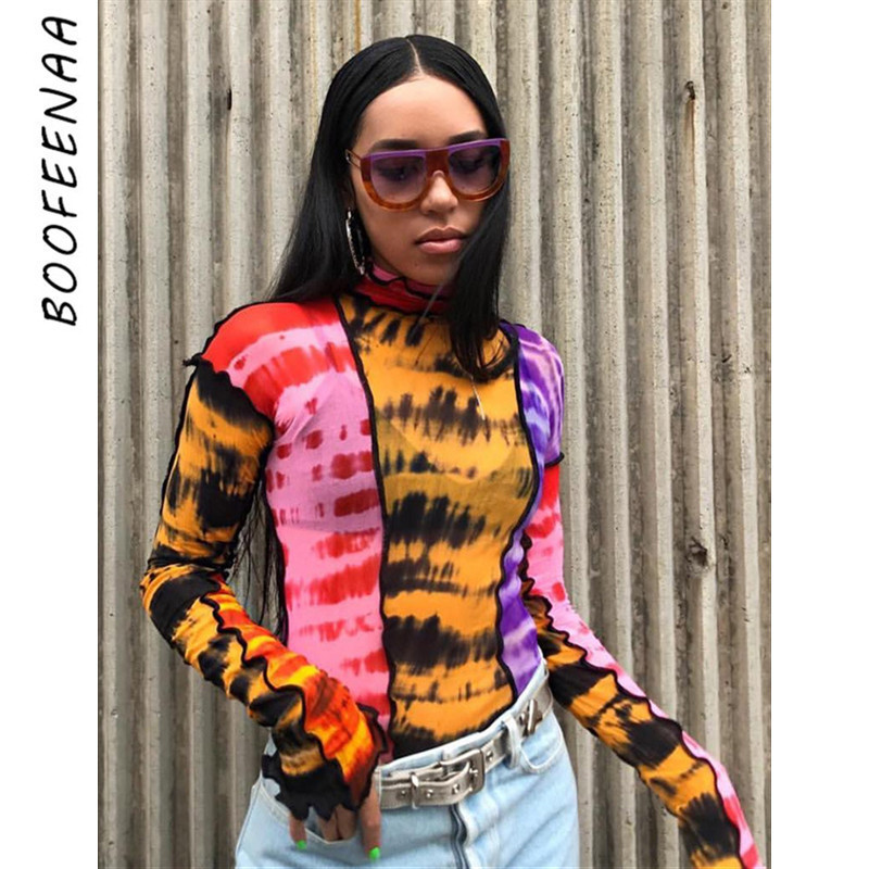

BOOFEENAA Fashion T Shirt Graphic Tees Women Tye Dye Print Patchwork Sheer Mesh High Neck Long Sleeve Shirts Streetwear C94-AZ15 Y200110, Yellow