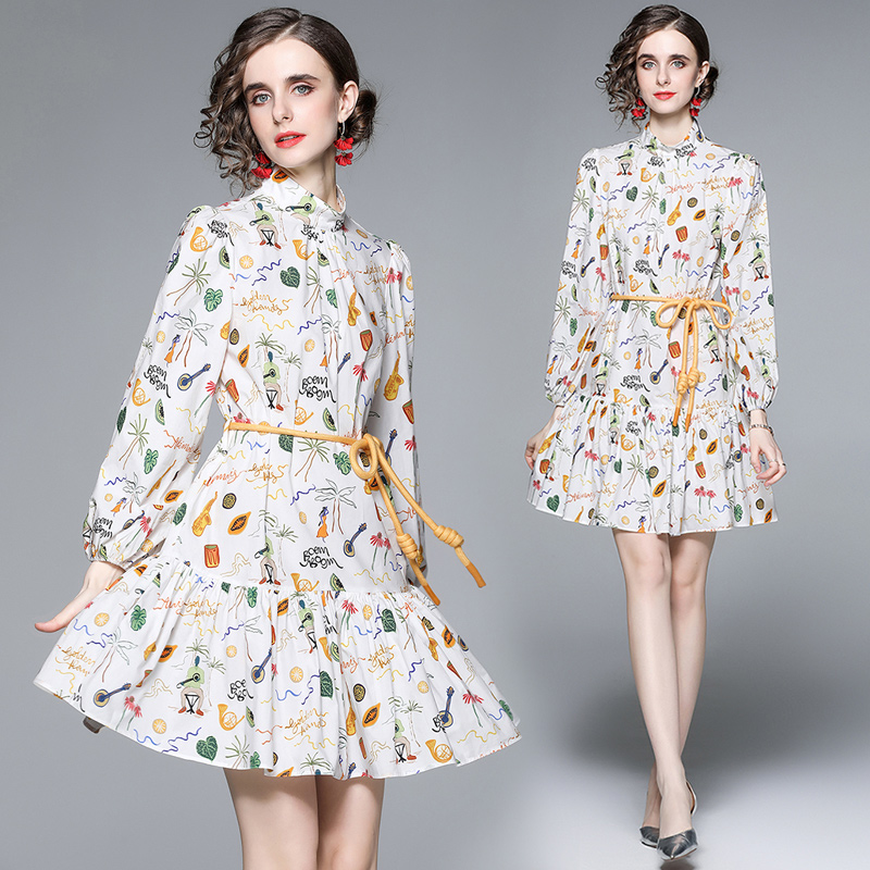 

2022 Sweet Cute White Party Floral Dresses Women Designer Long Sleeve Mock Neck Holiday Elegant Lace Up Dresses Spring Autumn Office Lady Runway Chic Slim A-Line Frock