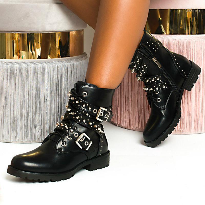 

Punk Women Ankle Motorbiker Boots Rivet Platform Corss Tie Low Flat Buckle Decoration Rubber Sole Zip Cool Ladies Shoes Female1, Black
