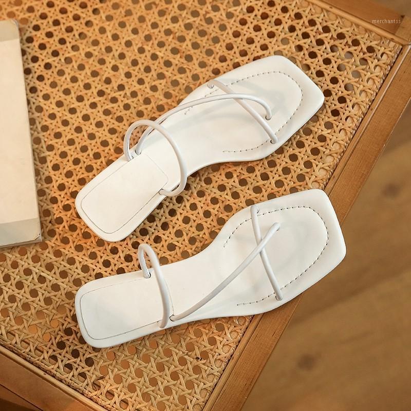 

interstar natural leather square toe flip-flop low heels shoes women simple wild back straps summer sandals L0f11, Black