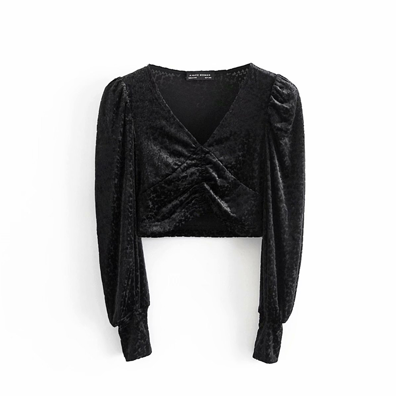 

2021 New Women V-neck Solid Leopard Shirts Autumn Fashion Ladies Veet Short Tops Elegant Female Chic Lantern Sleeve Blouse Mkx0, Black