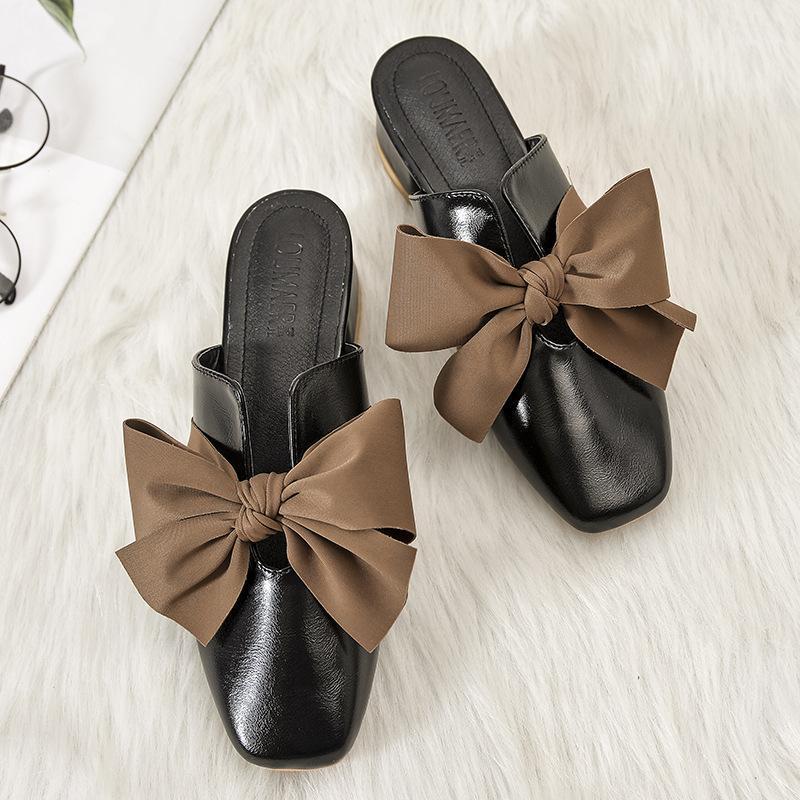 

Shoes Slippers Casual Low Slides Square heel Cover Toe Loafers Slipers Women Luxury Soft Block Summer 2020 Rubber PU Fabric1