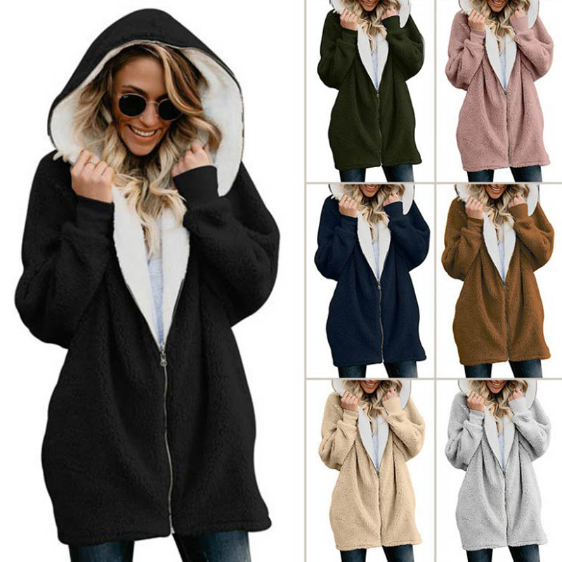 

Februaryfrost Women Coat Winter -5XL Causal Soft Hooded Pocket Zipper Fleece Plush Female Coat Warm Plus Size Faux Fur Fluffy Women Jacket, Beige