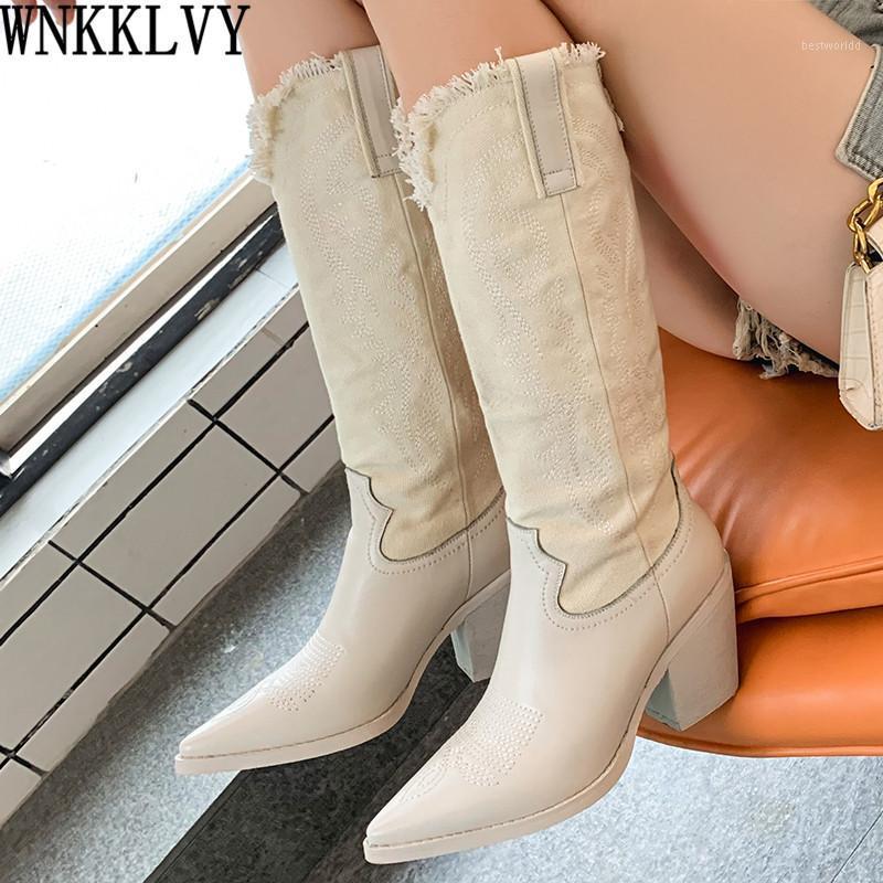 

Runway Embroidered Knee high boots Women pointed toe chunky high heels patchwork shoes Autumn Western cowboy long boots female1, Black