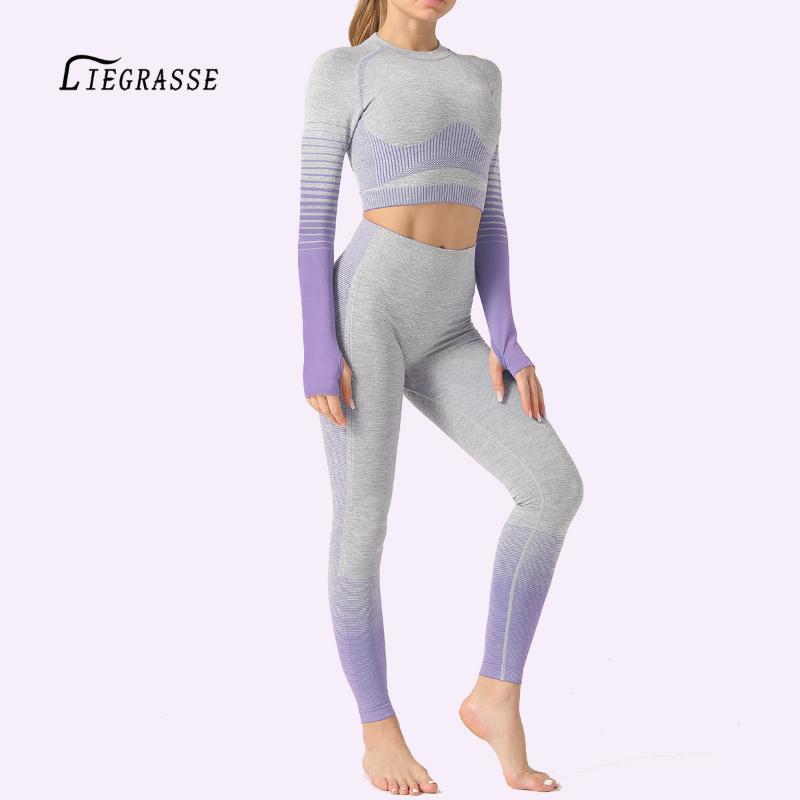 

Liegrasse Ribbed Seamless Yoga Set Sport Suit Workout Clothes for Women Long Sleeve Gym Crop Top High Waist Leggings Fitness Set, Black
