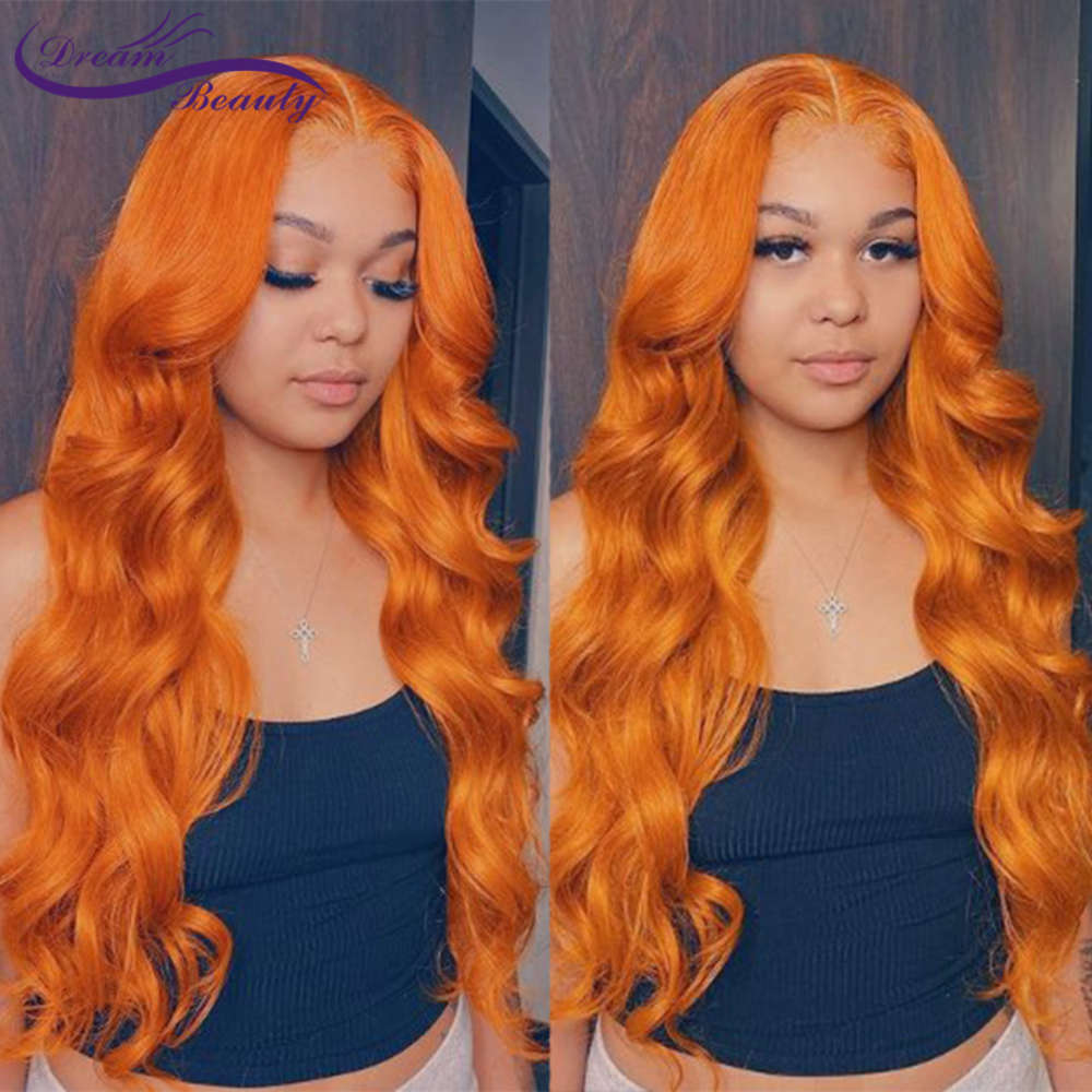 

Orange Ginger Color 13x6 Front Pre Plucked Brazilian Wavy Human Hair Glueless 180% Density Remy Lace Frontal Wigs, Ombre color