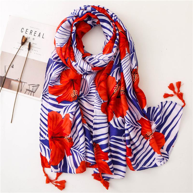 

Scarves Visrover Beach Flower Print Big Scarf Hijab Soft Handfeeling Summer Woman With Tassel Cotton Shawl