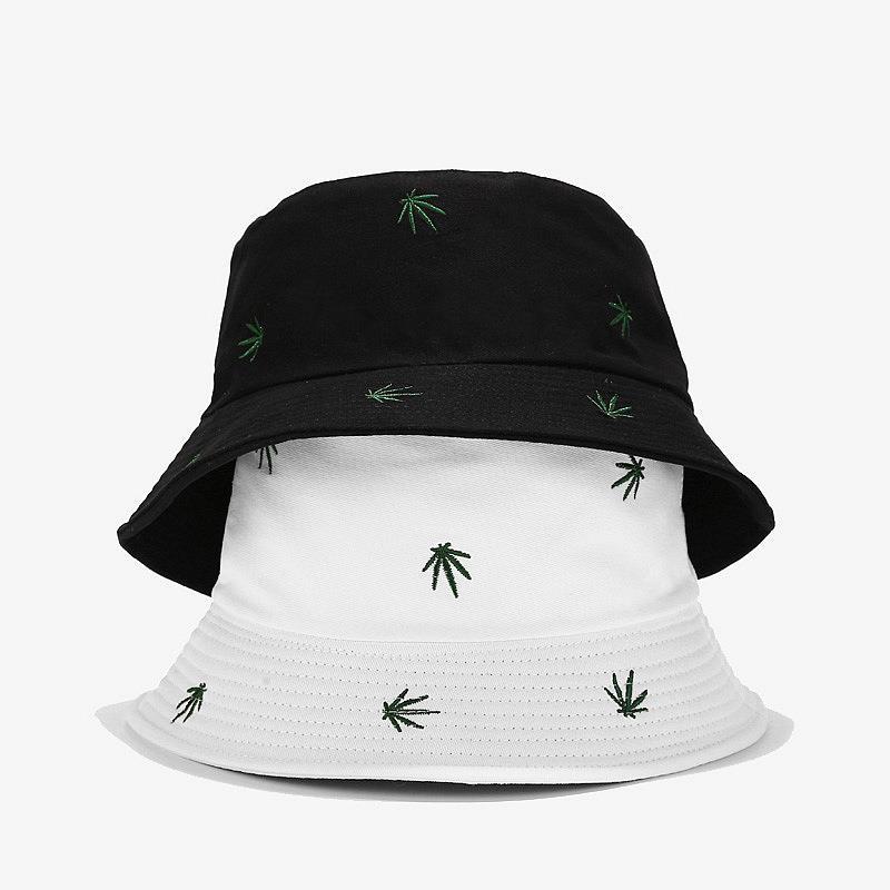 

Leaf Embroidery Bucket Hat Unisex Double-sided Fisherman Hats Men Women Outdoor Sun Visor Travel Pot Hat, White