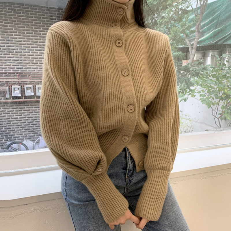 

2021 New Stand-up collar knitted cardigan 2021 spring women's foreign style sweater coat lazy high-necked retro top HB04, Burgundy