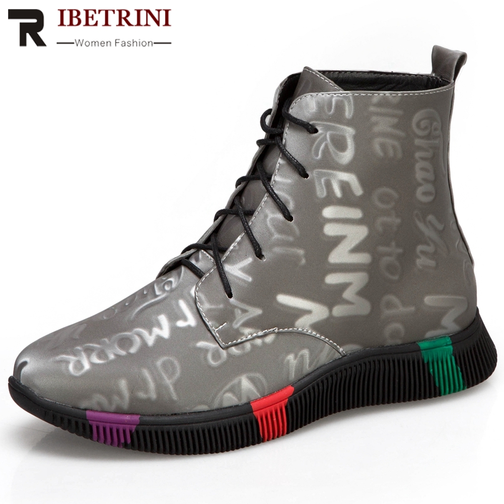 

RIBETRINI New Arrival Autumn Unique Metallic Shoes Women Fashion Colorful lace-up Platform Ankle Boots Low Wedges Boots, Black