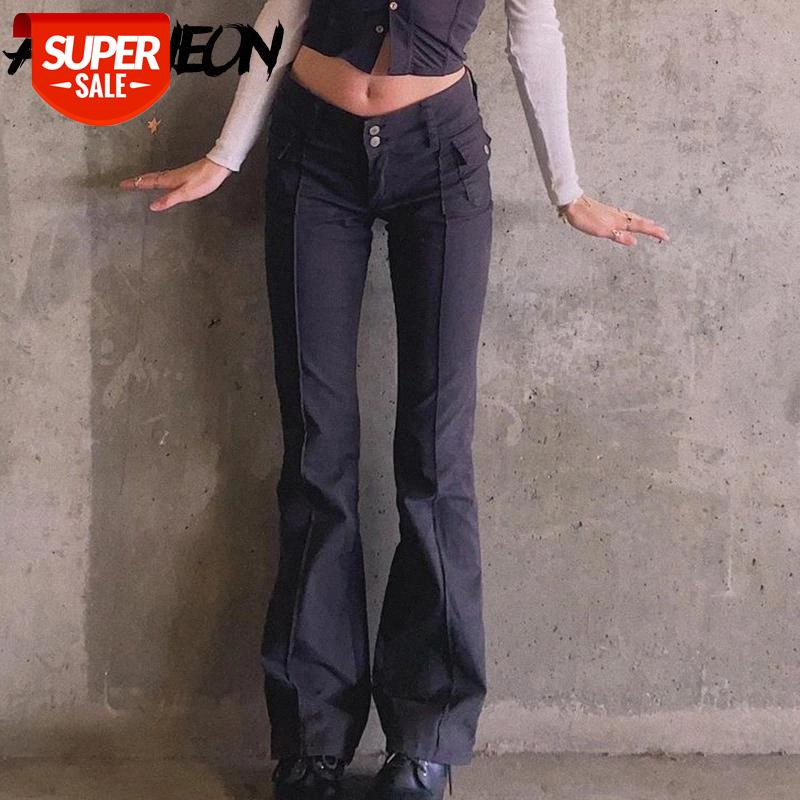

ALLNeon Indie Aesthetics Slim Low Waist Flare Pants E-girl Vintage Pockets Solid Y2K Pants Autumn 90s Fashion Black Trousers #a44e, Black;white