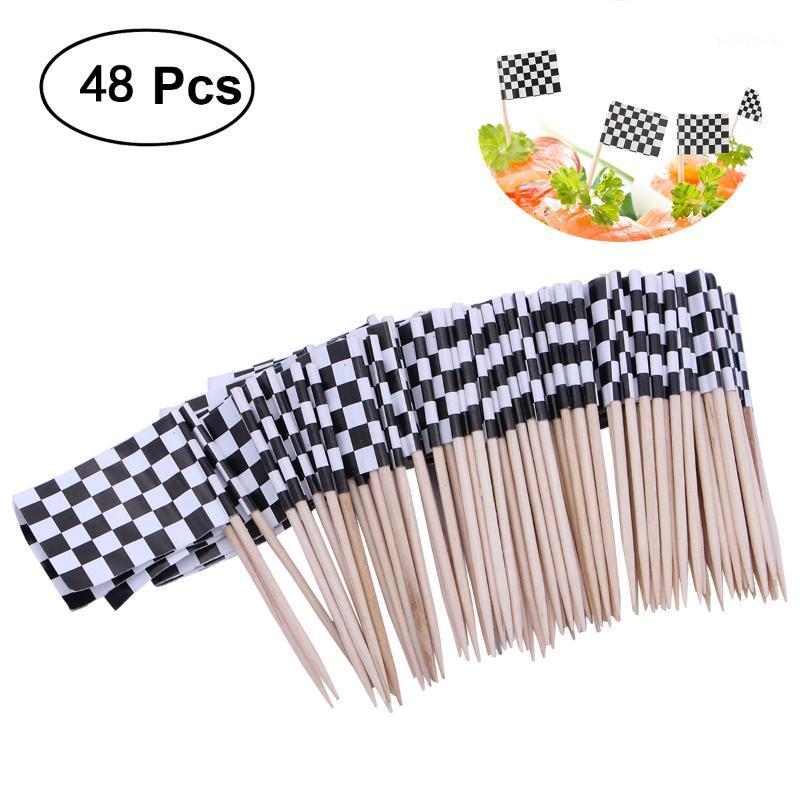 

24/48pcs Racing Flag Toothpicks Checkered Flag Picks Appetizer Toothpicks Fruit Sticks for Cocktail Party - Black and White1