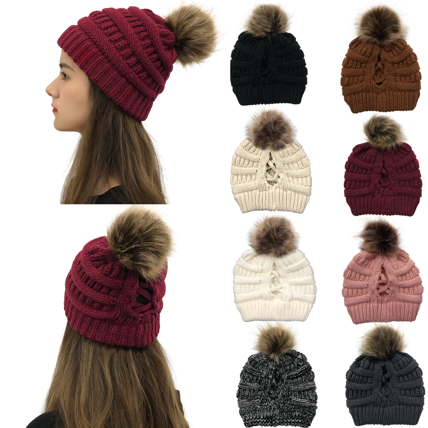 

2021 New Ponytail Messy Bun Beanie Womens Beanie Ribbed Hat Cap Ball Top Thick Knitted Earwarmer Warm Sull Caps Dual Purpose, Mixed