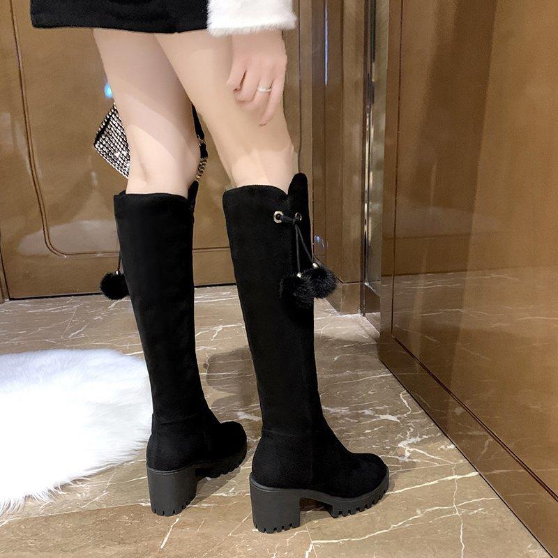 

2020 Winter Women's Boots Fashionable Zipper High Boots Round Toe High Heel Fringed Suede Square-Heel Knee-length Women's, Black