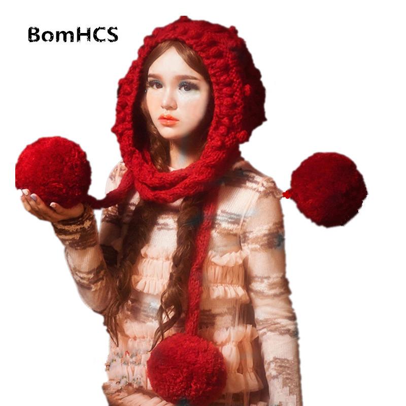 

BomHCS European Beautiful Big Pompoms Ears Scarf Hat Handmade Knitted Beanie Neckerchief (without Gloves