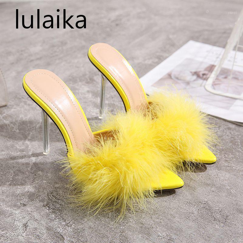 

Summer Sexy Pointed Toe Furry Slippers Ladies Sandals Fashion Design Clear Perspex Heels Women Mules Shoes Fluffy Slides 11 Cm1, Black