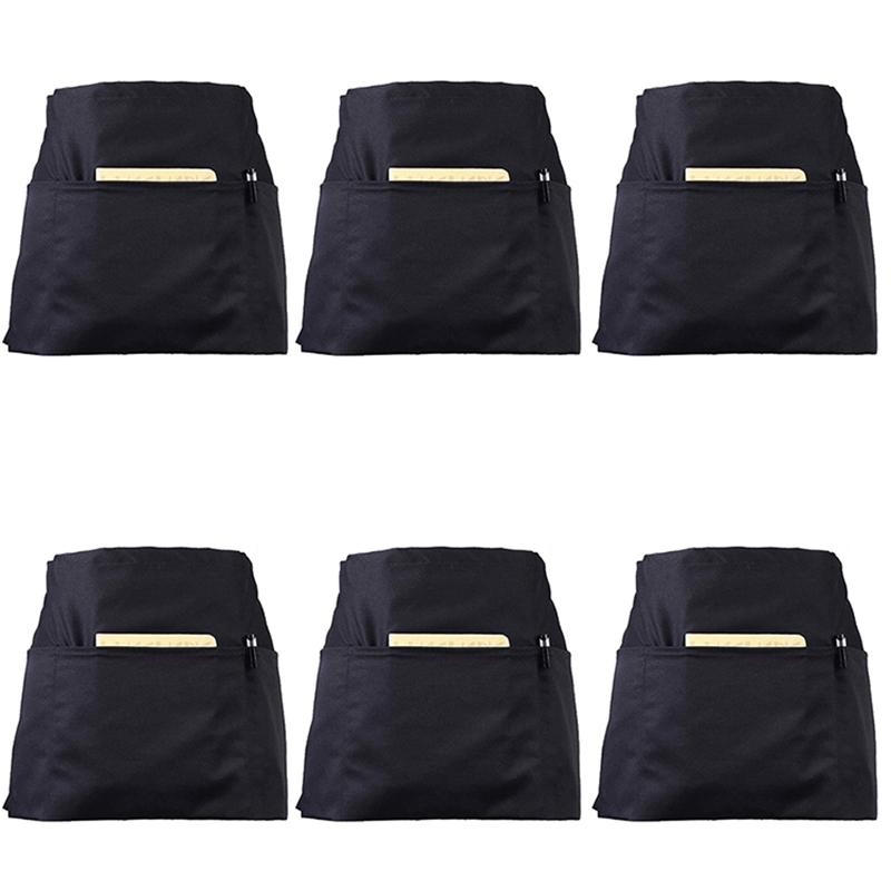 

6 Pack Black Waist Aprons with 3 Pockets - Half Aprons for Waitress Waiter 24 x 12 Inch Server for Holding Server Book Gu
